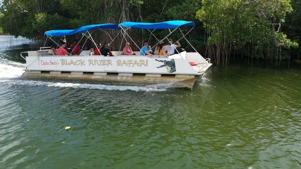 A group of guests enjoying a scenic boat ride on the calm black river in Jamaica, surrounded by lush greenery and vibrant wildlife, capturing the serene beauty of the tropical landscape.