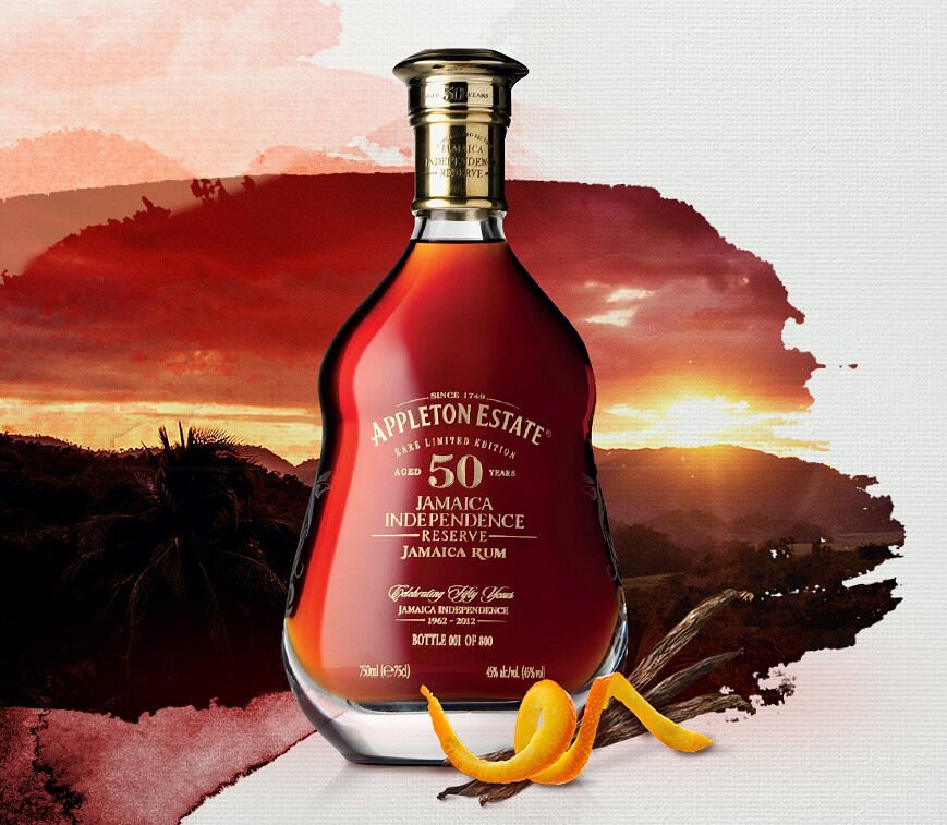 Explore the rich heritage of Appleton Rum in Jamaica, featuring a beautifully crafted bottle showcasing the brand's iconic logo, surrounded by lush tropical landscapes and vibrant colors.