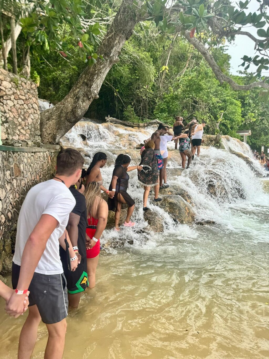 A group of tourists forming a human chain as they ascend the cascading waters of Dunn's River Falls, surrounded by lush greenery and vibrant blue skies.