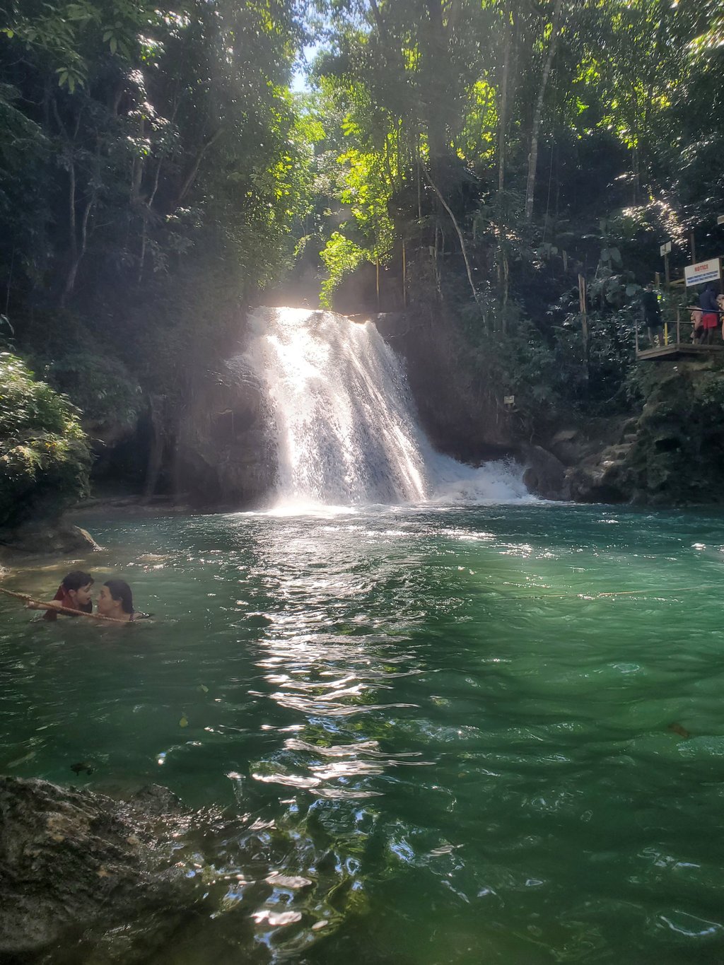 a couple enjoying their time in the Blue Hole in Jamaica surrounded by vibrant turquoise waters and lush greenery, creating a picturesque and romantic atmosphere