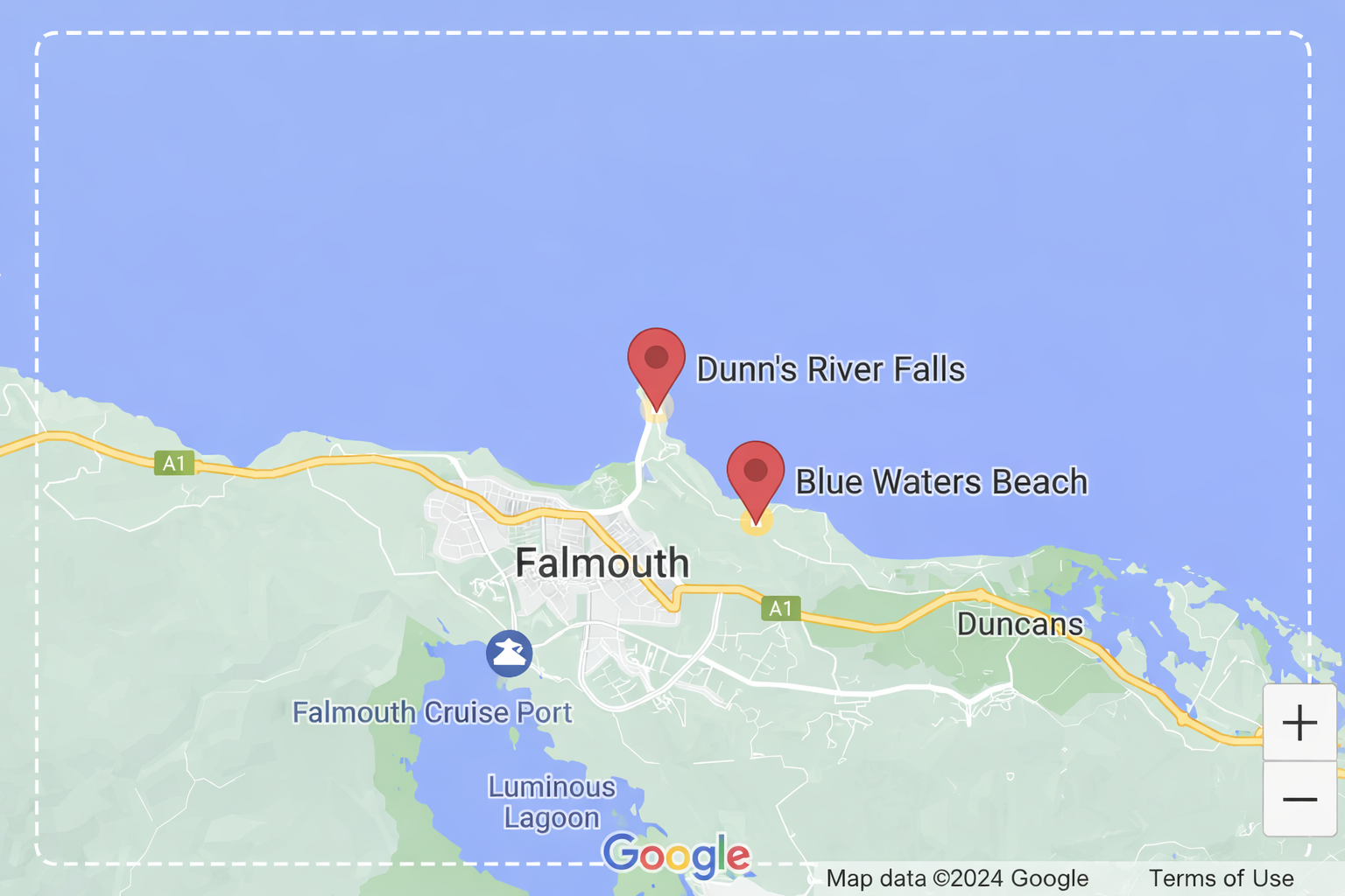 Map showing route from Falmouth Cruise Port to Dunn’s River Falls and Blue Waters Beach in Jamaica