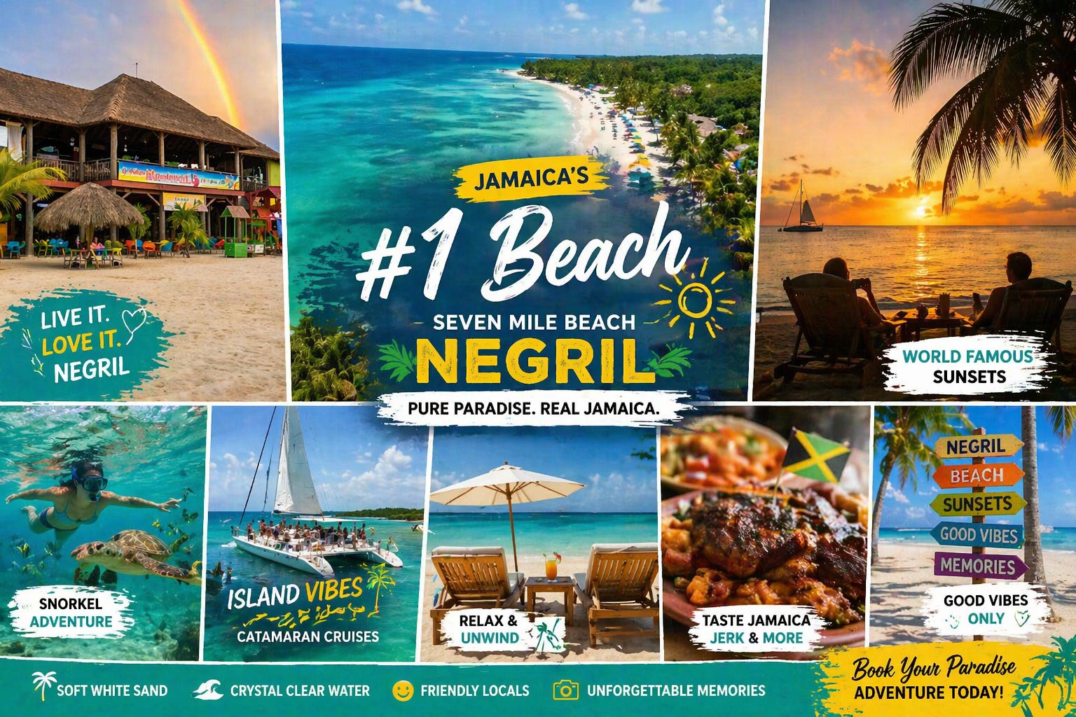Seven Mile Beach Negril Jamaica collage showing beach, sunset, snorkeling and catamaran activities