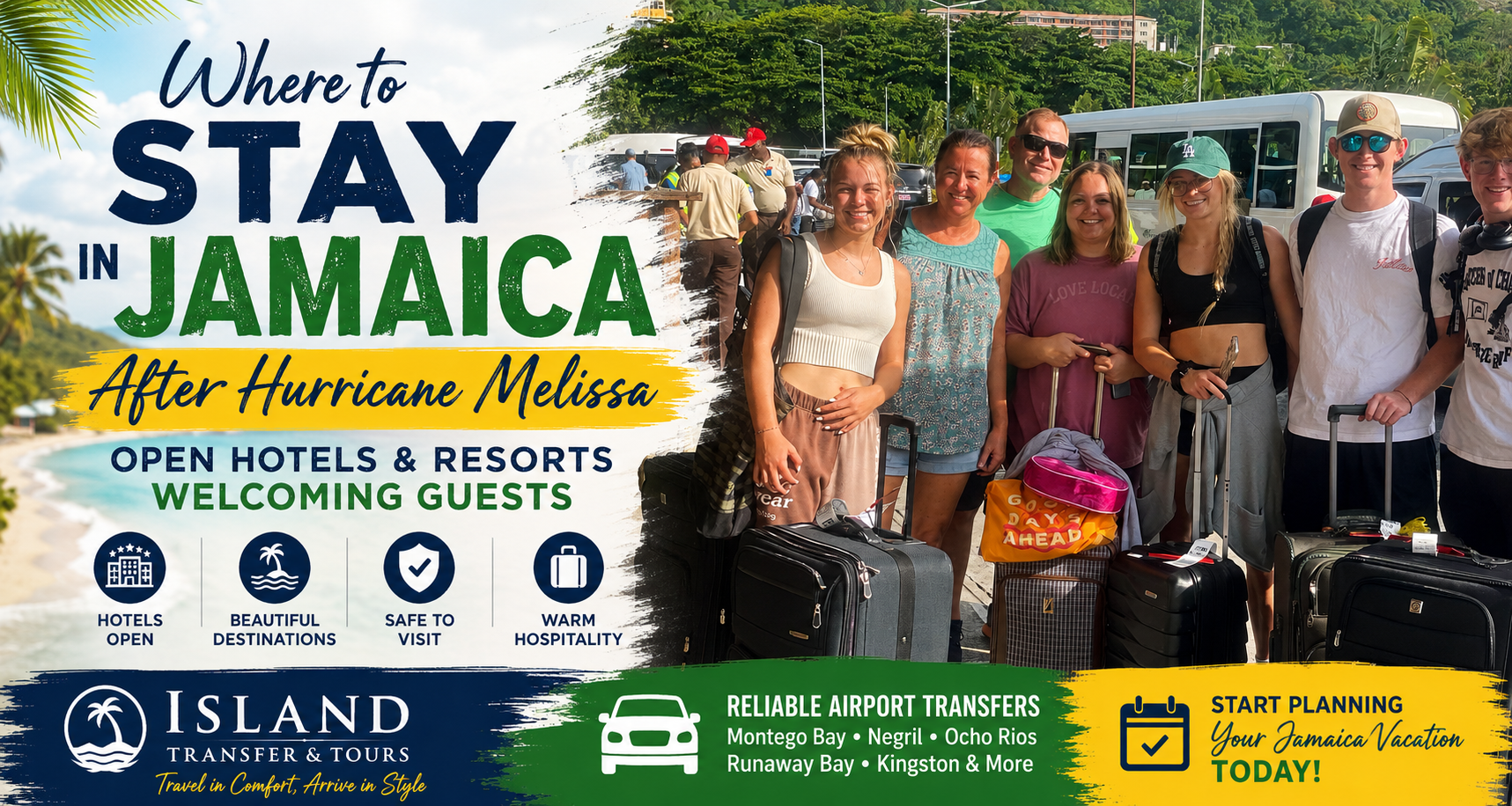 Travelers arriving in Jamaica with luggage after Hurricane Melissa, highlighting open hotels, resorts, and airport transfer services across Montego Bay, Negril, Ocho Rios, and Kingston.