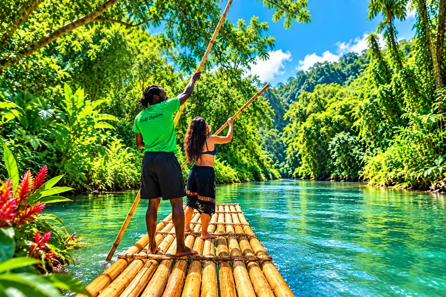 Bamboo rafting with a local raft captain on the Martha Brae River in Jamaica